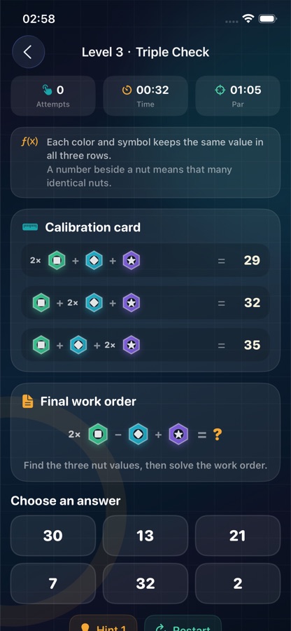 Nut Math level showing three calibration equations and six answer choices