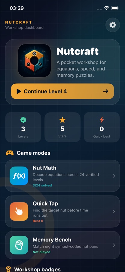 Nutcraft workshop dashboard showing Nut Math, Quick Tap, and Memory Bench